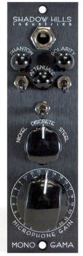 Black audio preamp panel with knobs, switches, and a 1/4 inch jack labeled Shadow Hills Industries Mono Gama.