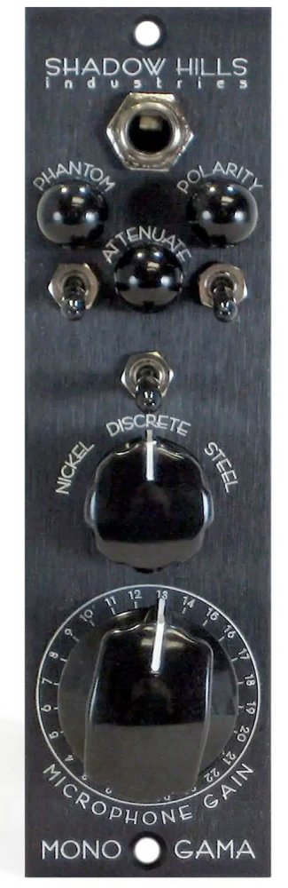 Black audio preamp panel with knobs, switches, and a 1/4 inch jack labeled Shadow Hills Industries Mono Gama.