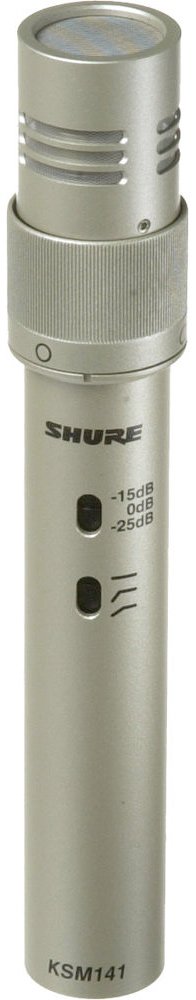 Silver cylindrical microphone with SHURE logo and model number KSM141, featuring two switches and attenuation markings.