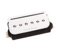 White guitar pickup with six visible pole screws and wire leads on a white background.