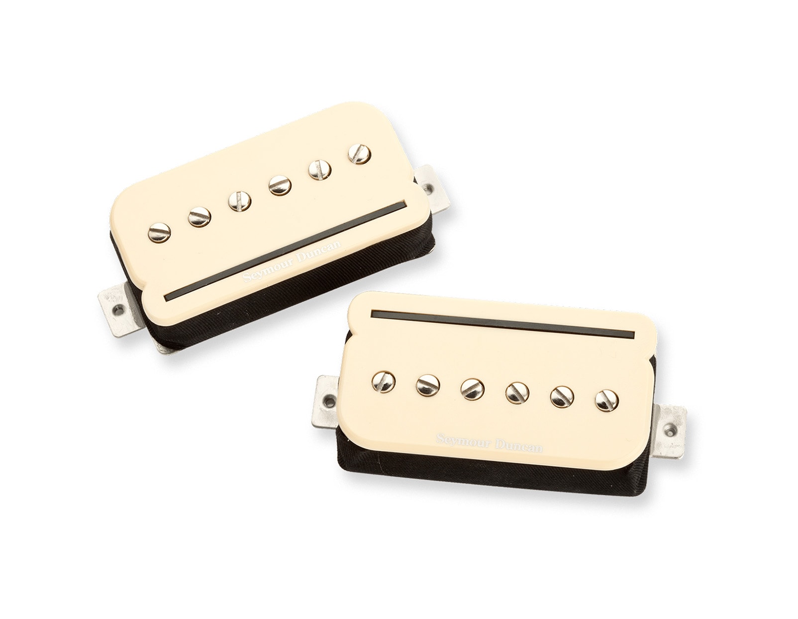 Two cream-colored guitar pickups with metal screws and black bases on a white background.