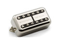 Silver rectangular guitar pickup with black base and labeled metal covers reading Seymour Duncan and Made in U.S.A.