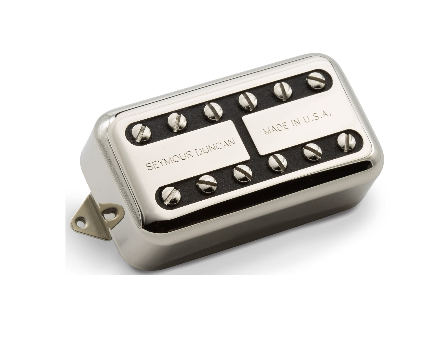 Silver rectangular guitar pickup with black base and labeled metal covers reading Seymour Duncan and Made in U.S.A.