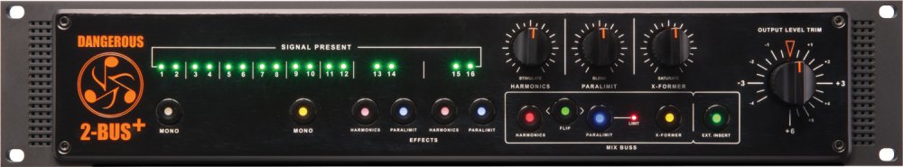 Front panel of a Dangerous Music 2-BUS+ audio mixer with signal LEDs, knobs, buttons, and output level trim control.