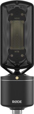 Black RODE microphone with gold mesh capsule and mesh grille covering the front surface.