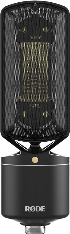 Black RODE microphone with gold mesh capsule and mesh grille covering the front surface.