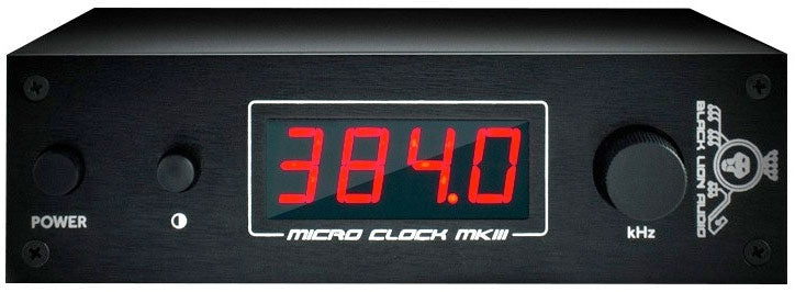 Front panel of a black audio device displaying '384.0' in red with power button and rotary knob.