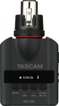 Black TASCAM DR-10X device with XLR connector, buttons, and a digital display showing recording time and battery icon.