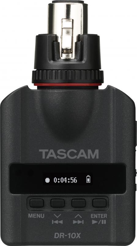 Black TASCAM DR-10X device with XLR connector, buttons, and a digital display showing recording time and battery icon.