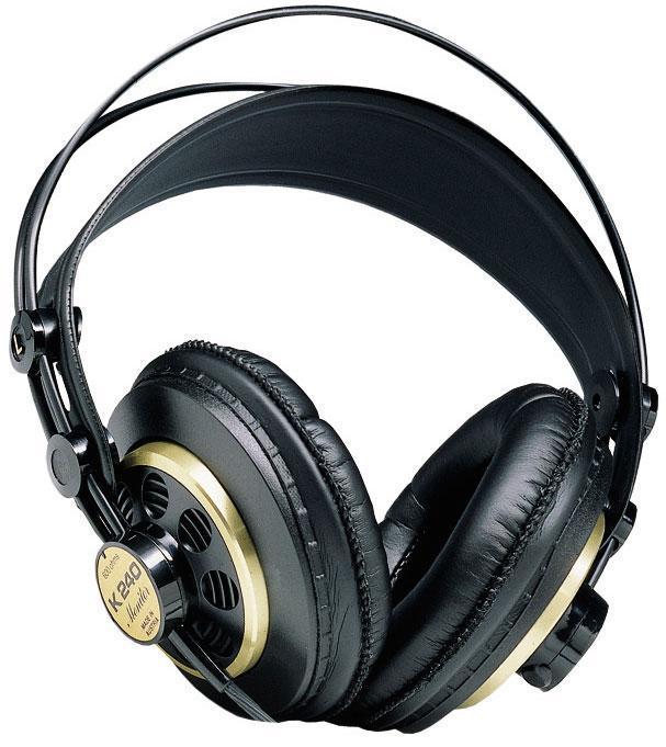 Black and gold over-ear headphones with padded ear cups and a dual headband design.