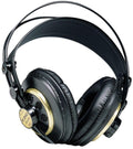 Black and gold over-ear headphones with padded ear cups and a dual headband design.