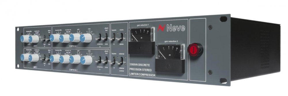Front angled view of a Neve 33609N stereo limiter/compressor rack unit with multiple knobs, toggle switches, and meters.