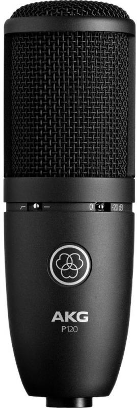 Black AKG P120 microphone with metal grille and control switches on the body shown front-facing.