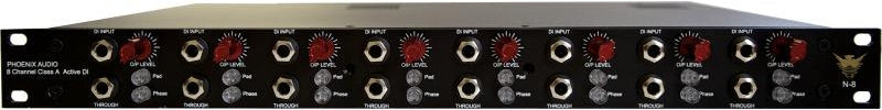 Black 8-channel audio device with multiple 6.35mm input jacks and red rotary knobs on front panel.