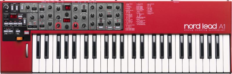 Red Nord Lead A1 analog modeling synthesizer with keyboard, knobs, sliders, and digital display