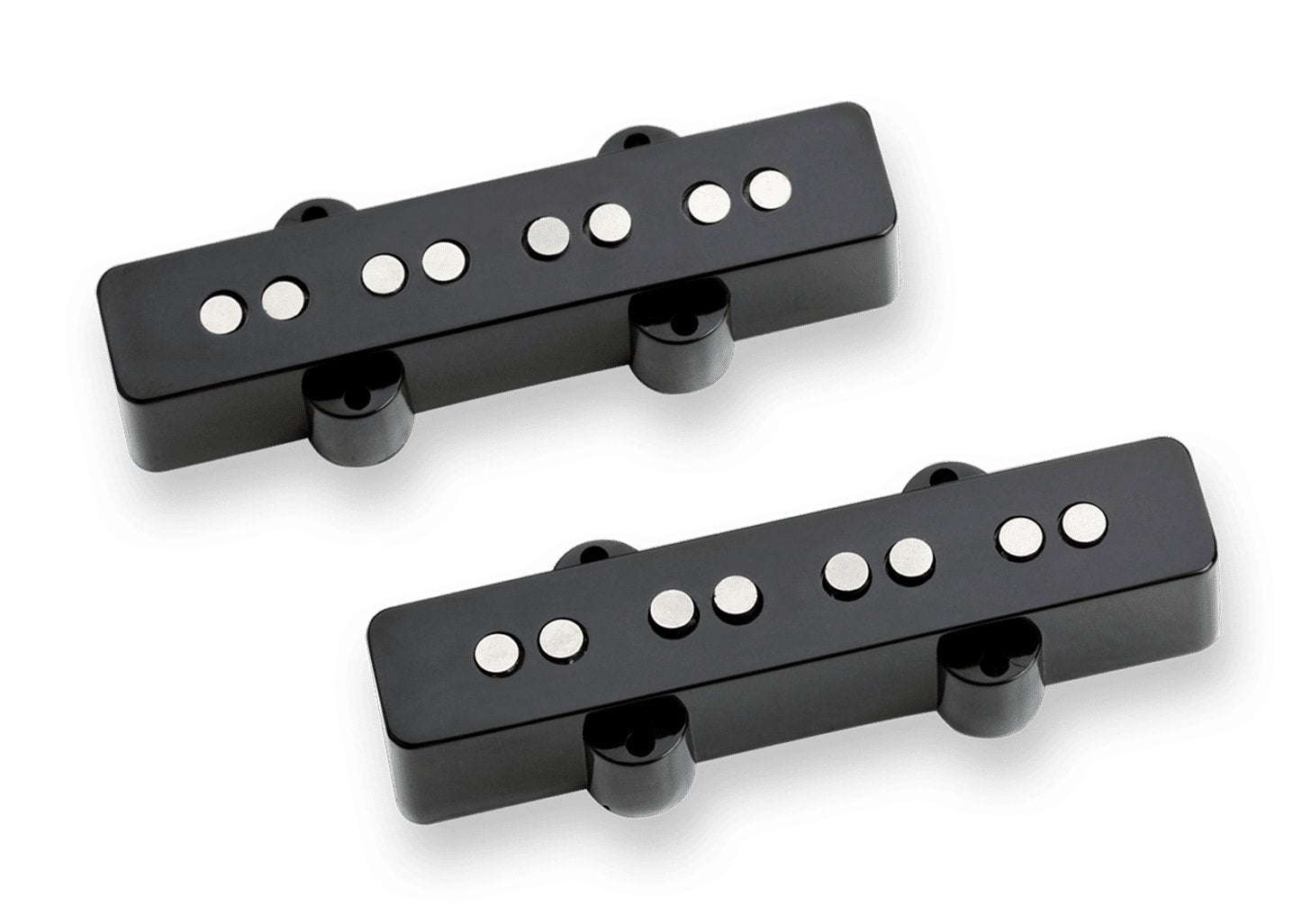 Two black rectangular bass guitar pickups with silver pole pieces on a white background.