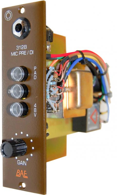 Brown panel module labeled 312B MIC PRE/DI with knob, three buttons, and wiring visible on the side.