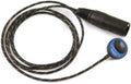 Black microphone element with braided cable and blue label alongside a female XLR connector.