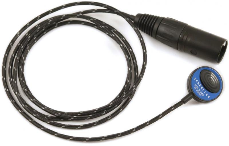 Black microphone element with braided cable and blue label alongside a female XLR connector.