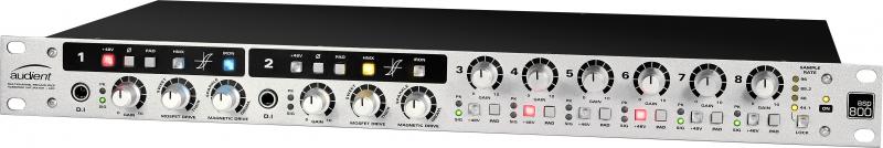 Front panel of an Audient ASP800 audio interface with multiple knobs, buttons, and input connectors.