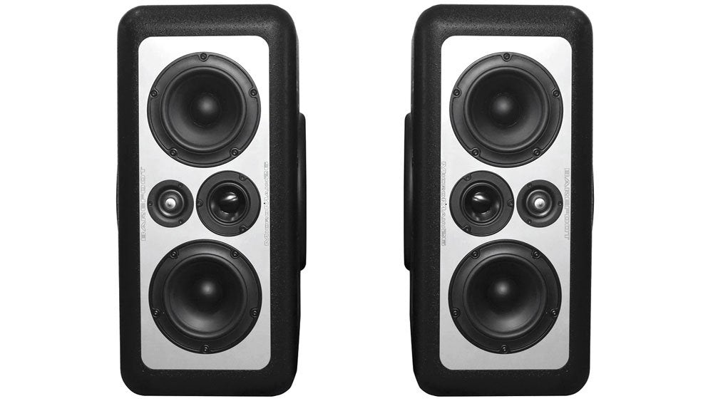 Pair of Barefoot Sound MicroMain26 active studio monitors in black textured finish, front driver array visible with ring radiator tweeter, waveguide-loaded midrange, and dual woofers mounted on a machined aluminum baffle.