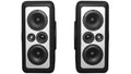 Pair of Barefoot Sound MicroMain26 active studio monitors in black textured finish, front driver array visible with ring radiator tweeter, waveguide-loaded midrange, and dual woofers mounted on a machined aluminum baffle.