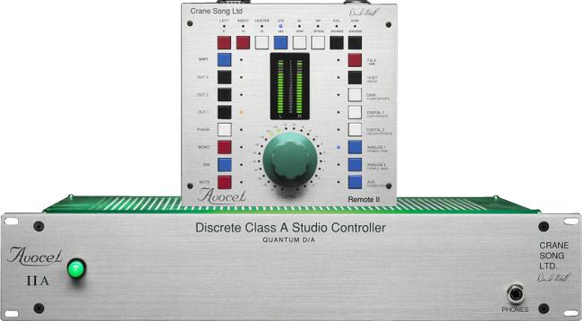 Front view of a Crane Song Avocet IIA discrete class A studio controller with a remote unit and headphone jack.