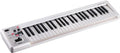 White MIDI keyboard controller with black and white keys and various control buttons and knobs on the left side.