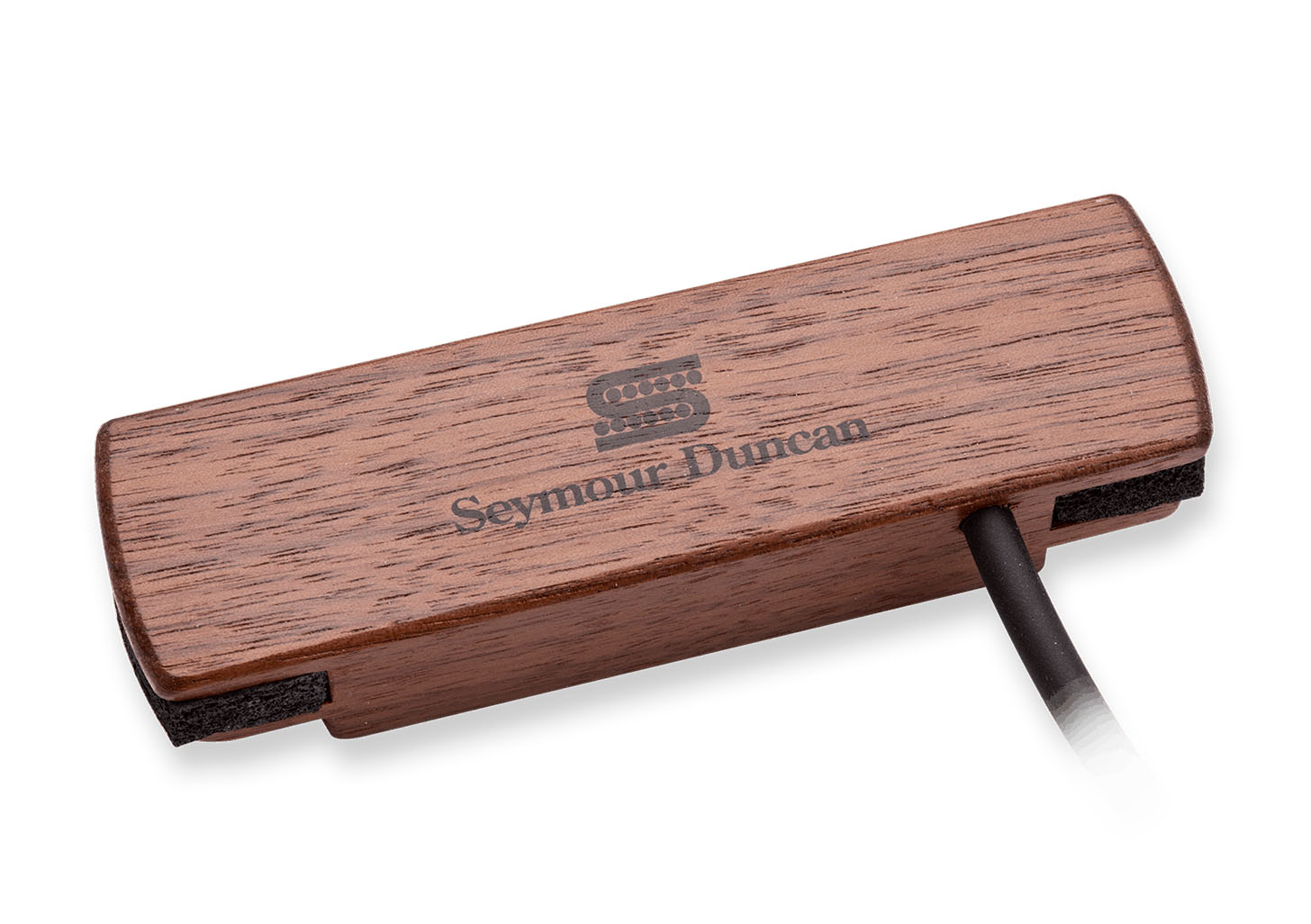 Wooden rectangular guitar soundhole pickup with Seymour Duncan logo and attached cable.