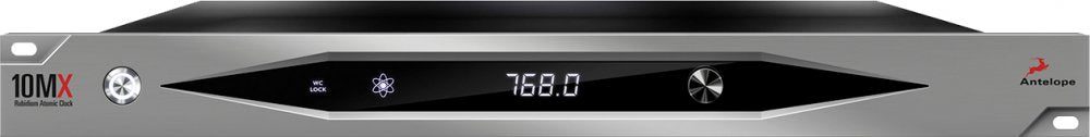 Front panel of Antelope Audio 10MX Rubidium Atomic Clock with display, rotary knob, and button.