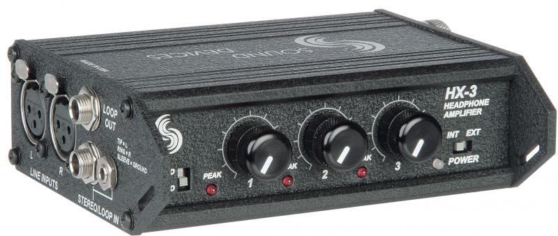 Black metal headphone amplifier with three rotary knobs, two XLR inputs, and two 1/4 inch jacks on the side.