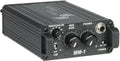 Black rectangular audio device with gain control knobs, toggle switches, and a headphone jack on front panel labeled MM-1.