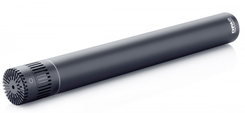 Black cylindrical microphone with vented grille and white DPA Microphones logo.