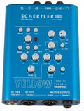 Blue Schertler audio preamplifier with multiple knobs, buttons, and input/output connectors.