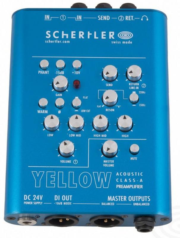Blue Schertler audio preamplifier with multiple knobs, buttons, and input/output connectors.