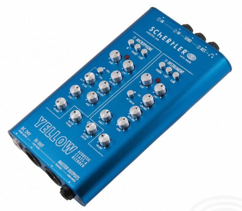 Blue SCHERTLER audio mixer with multiple knobs, switches, XLR and 1/4 inch connectors