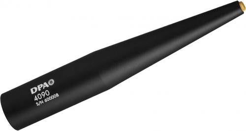 Black tapered microphone with gold-plated cylindrical connector and DPA 4090 text on its body.