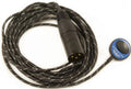 Black coiled cable with a 3-pin male XLR connector on one end and a small round blue pickup device on the other.