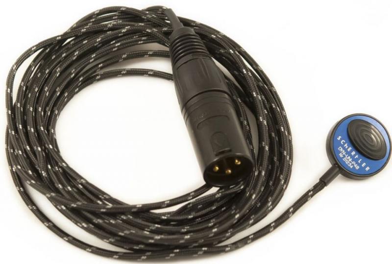 Black coiled cable with a 3-pin male XLR connector on one end and a small round blue pickup device on the other.