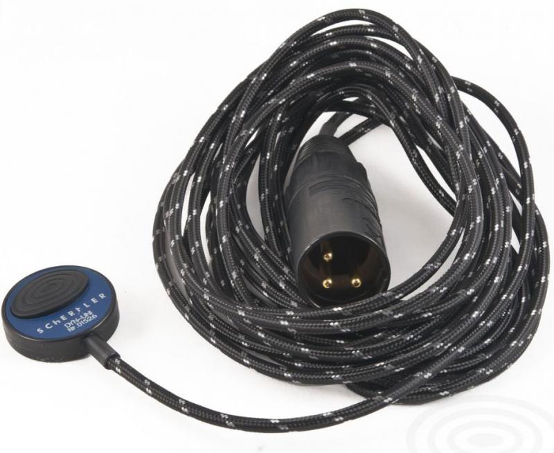 Coiled black braided cable with a blue pickup sensor labeled SCHERTLER Dyn-UNI and a 3-pin male XLR connector.