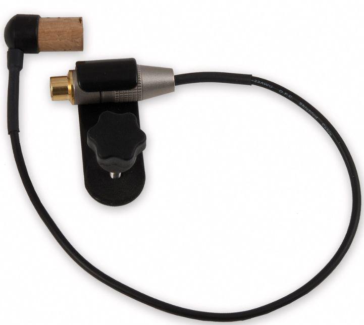 Black pickup unit with metal and cork parts, attached to a black cable with a right angle plug.