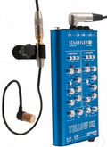 Blue Schertler Yellow control unit with knobs and switches connected to an acoustic pickup with clip and cable