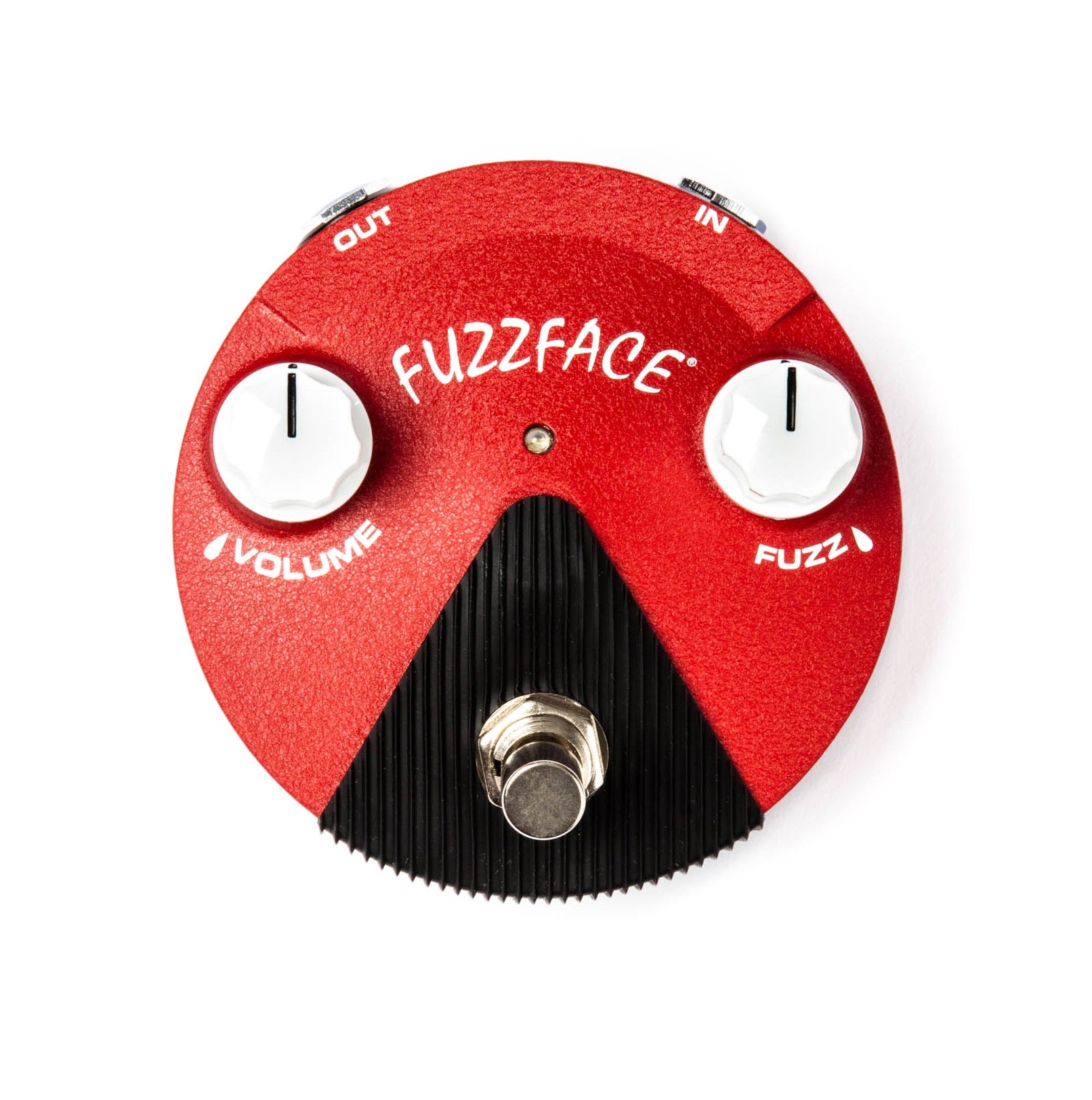 Red round guitar effects pedal with two white knobs labeled Volume and Fuzz, and a metal footswitch.