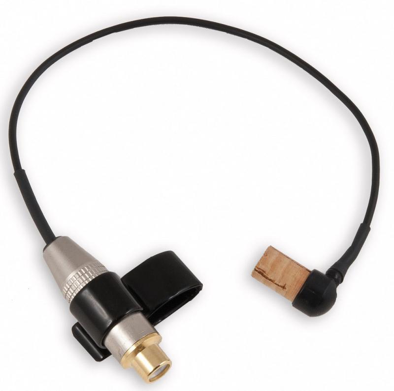 Cable with a male XLR-style connector and a small wooden block at the ends connected by black wire.
