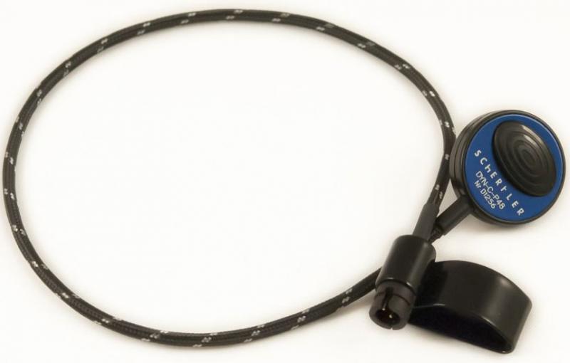Black and blue guitar pickup device with braided cable and circular three-pin connector on white background.