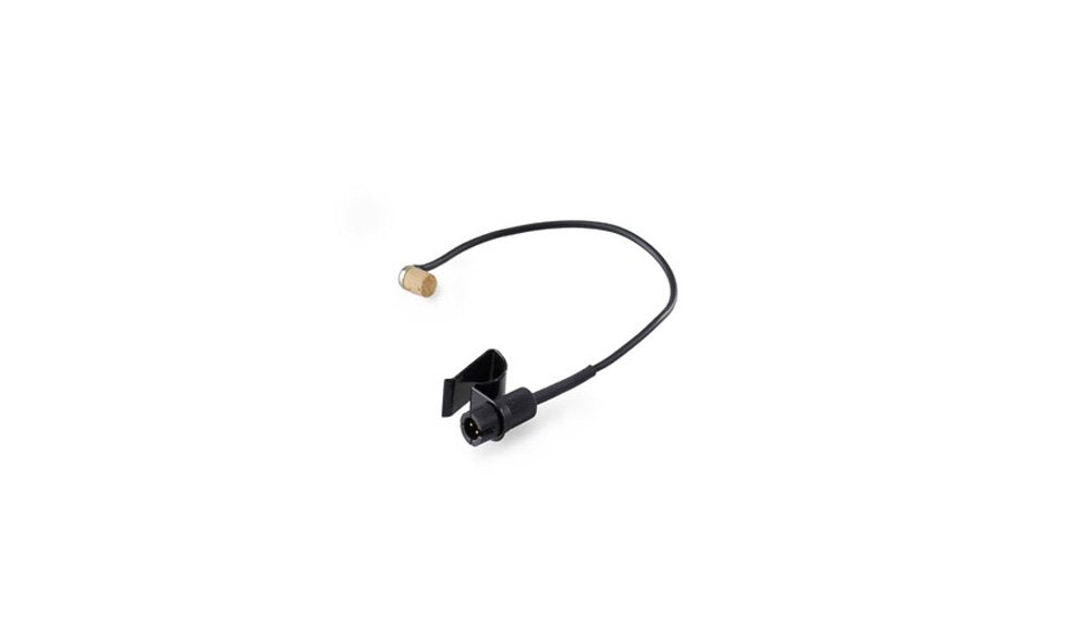 Small black pickup device with an attached cable, clip, and two connectors on a white background.