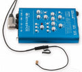 Blue Schertler audio preamplifier unit with attached headset-style microphone pickup on white background.