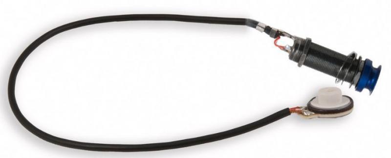 Black pickup device with attached cable and connectors on a white background