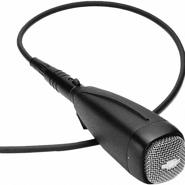 Black microphone with attached cable and on/off switch, showing metal mesh grille at the front.