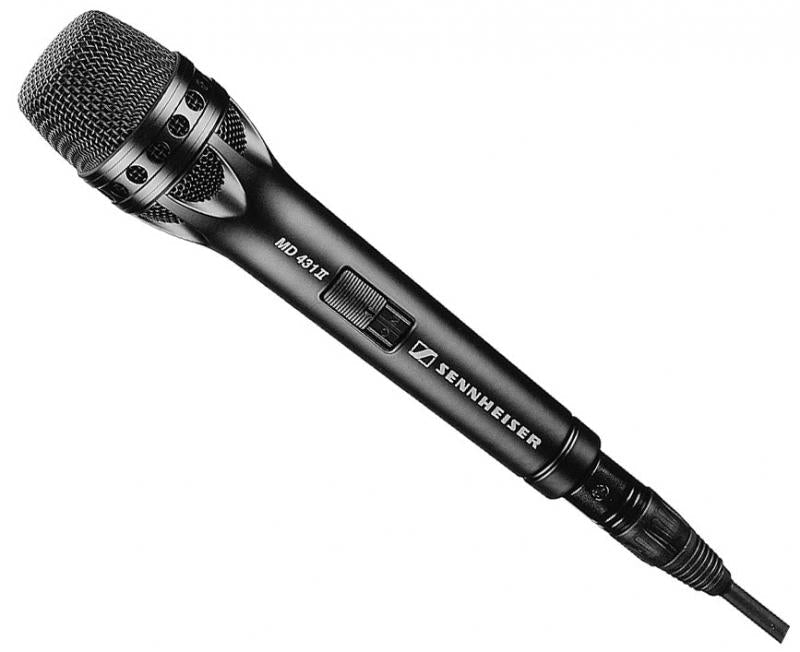 Black handheld microphone with mesh grille, on/off switch, and XLR connector cable attached.
